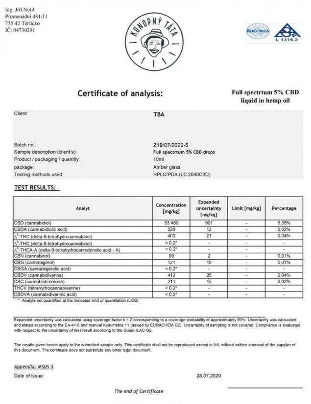 CBD olej 5 % - Konopný táta - analýza