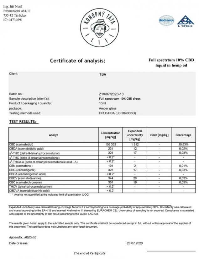 CBD olej 10 % - Konopný táta - analýza